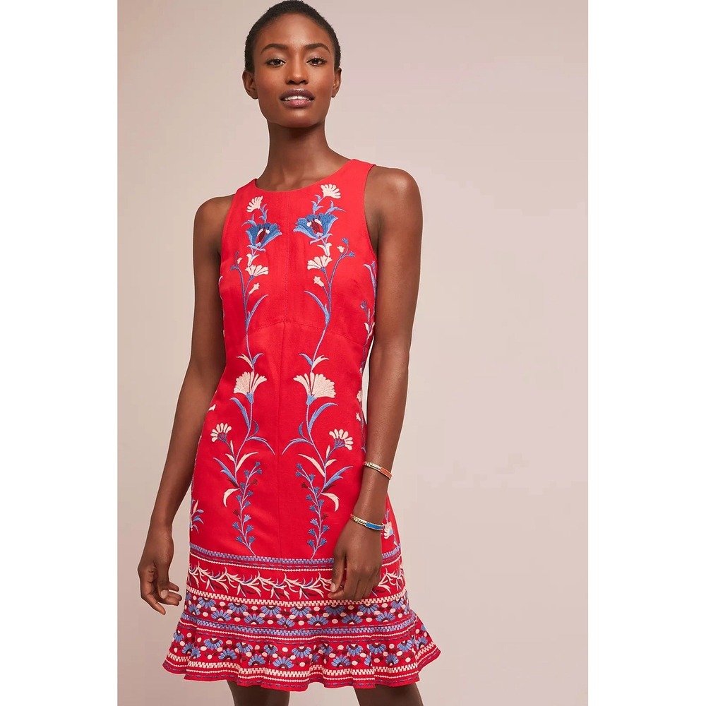 Anthropologie Akemi + Kin Embroidered Sleeveless Dress Sz M Boho Floral Ruffle